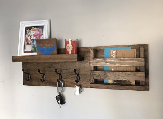 Entryway Mail Organizer | The Jen | Key Hooks Wall Mounted Coat Rack Catch All Leash Mask Holder Rustic Modern Unique by DistressedMeNot