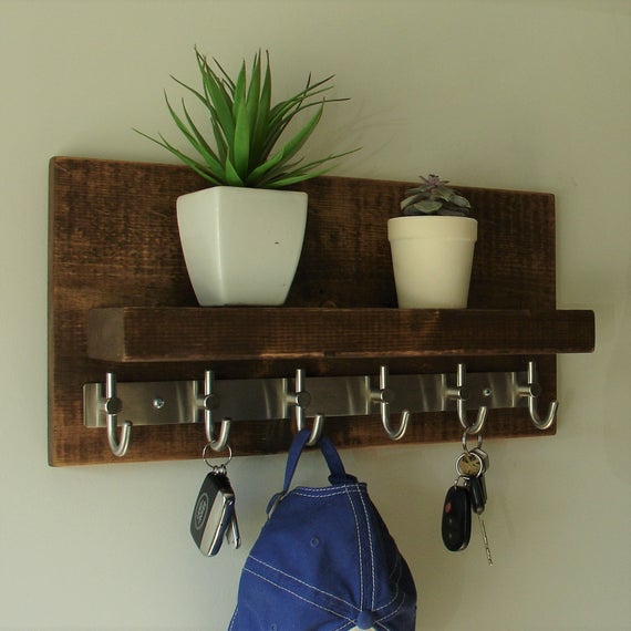 Modern Rustic Entryway Coat Rack Shelf with Brushed Nickel Rail Hooks by KeoDecor
