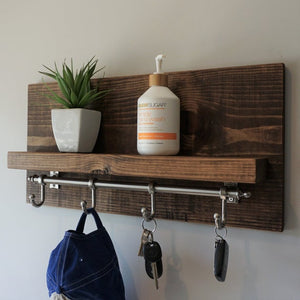 Modern Rustic Entryway Coat Rack Shelf with Satin Nickel Rail Hooks by KeoDecor