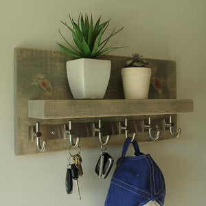 Modern Rustic Entryway Coat Rack Shelf with Brushed Nickel Rail Hooks by KeoDecor