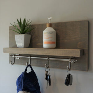 Modern Rustic Entryway Coat Rack Shelf with Satin Nickel Rail Hooks by KeoDecor