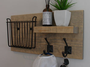 Rustic Entryway Coat Rack with Magazine Holder and Floating Shelf by KeoDecor