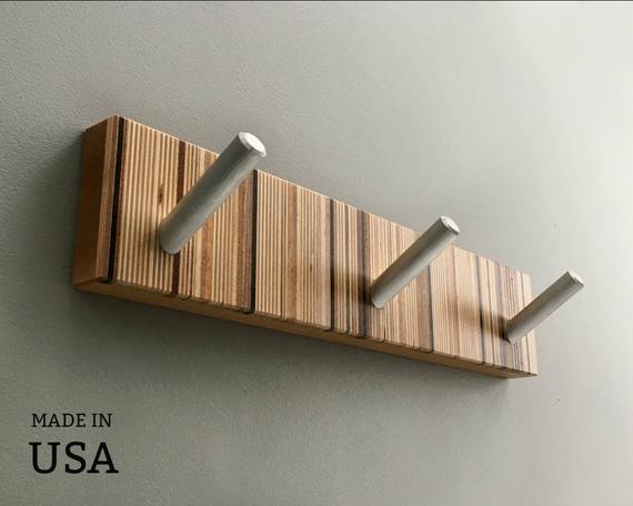 Modern Coat Rack, Wall Coat Rack in Striped Wood and Metal by andrewsreclaimed