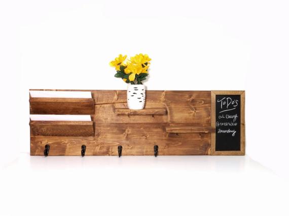 Entryway Organizer with Chalkboard, Wall Mount Pine Wood Mail Organizer, Sunglasses and Key Storage, Entry Way Coat Rack by JustKnotWood
