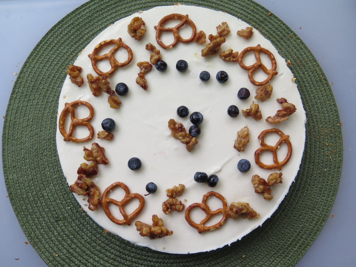 Yogurt Cheesecake with a Salty Pretzel Crust and Candied Walnuts