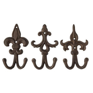 SET OF 3 - Cast Iron Fleur De Lis Double Wall Hooks / Hangers