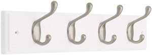 Brainerd RFMR4DJ-WSN-L1 18-Inch Hook Rail/Coat Rack with 4 Heavy Duty Coat and Hat Hooks, White and Satin Nickel