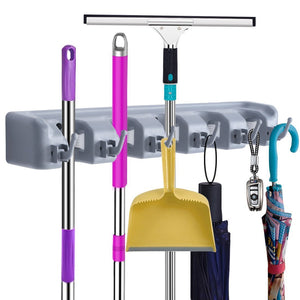 Mop Broom Holder,Wall Mounted Garden Tool Organizer Space Saving Storage Rack Hanger with 5 Position with 6 Hooks Strong Grip Holds up to 11 Tools for Kitchen Garden and Garage