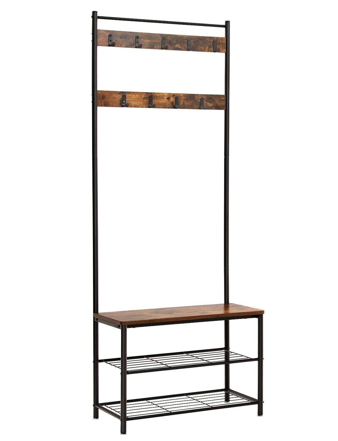 VASAGLE Industrial Coat Rack, Hall Tree Entryway Shoe Bench, Storage Shelf Organizer, Accent Furniture with Metal Frame UHSR41BX, Rustic Brown