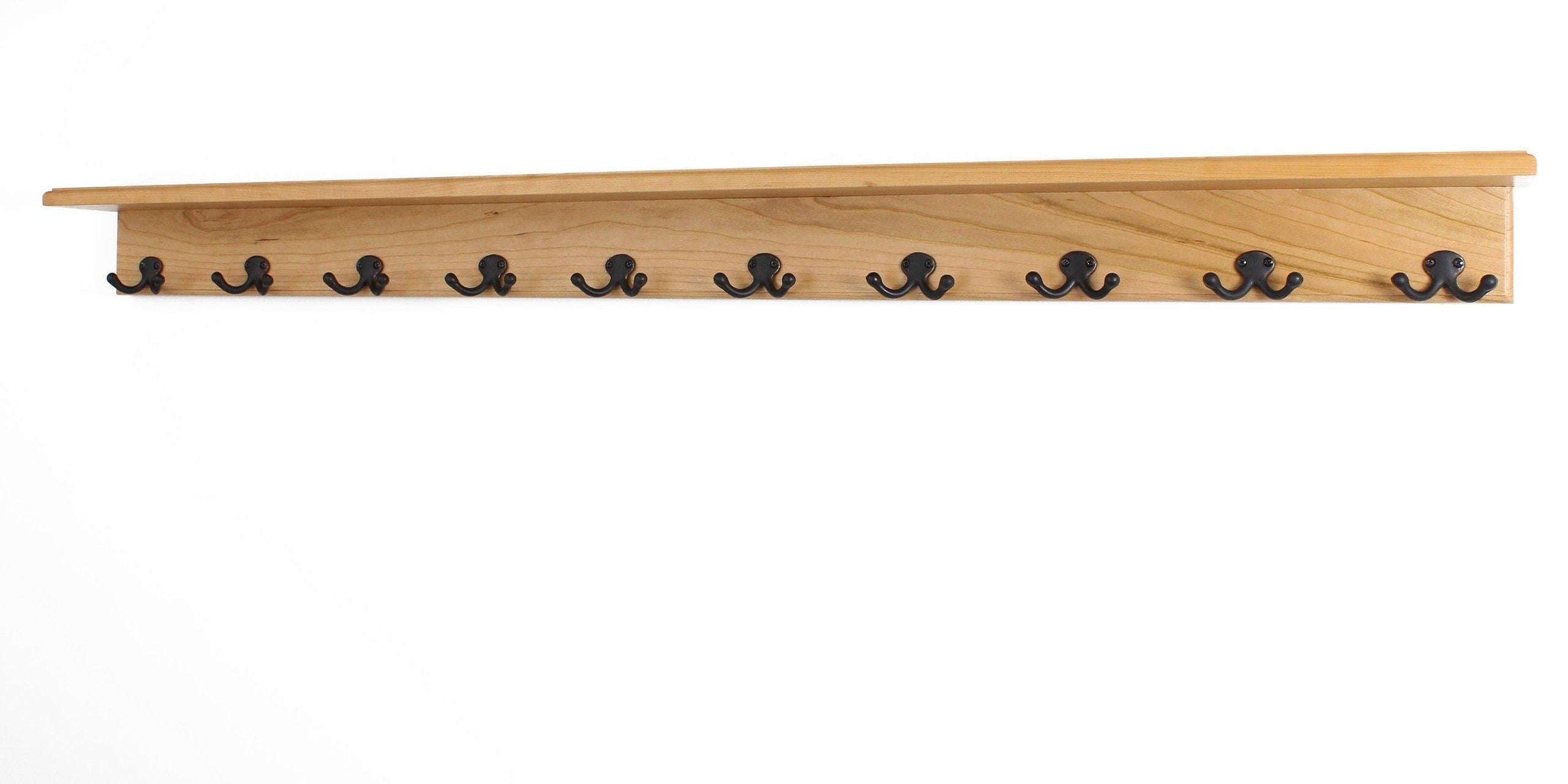 PegandRail Solid Cherry Shelf Coat Rack with Aged Bronze Double Style Hooks - Made in The USA (Natural, 53" with 10 hooks)