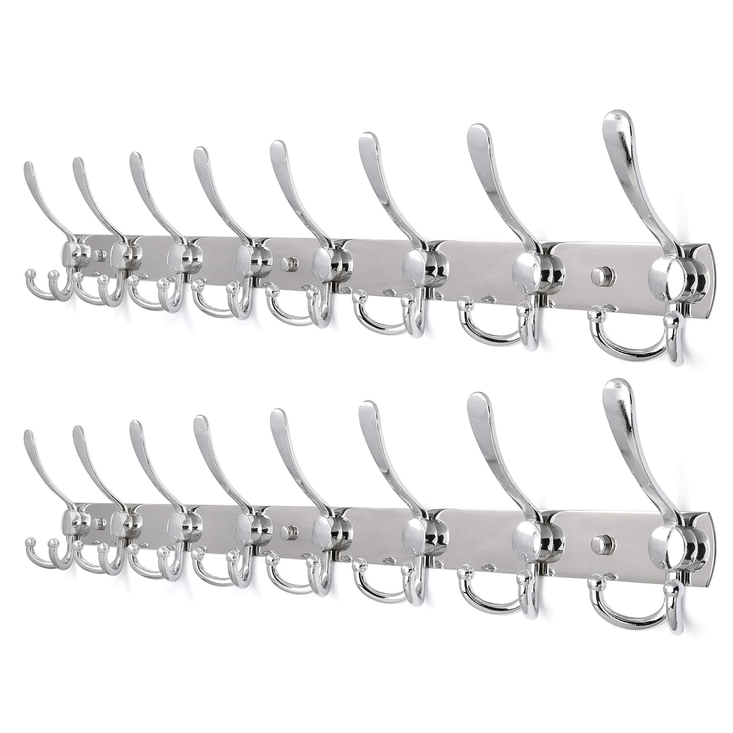 2pacs, WEBI 30-Inch Entryway Robe Hat Clothes Towel Rack Rail/Coat Rack with 8 Flared Tri Hooks, Wall Mounted, Aluminum/Chrome Finish