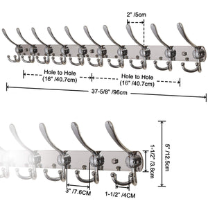 Dseap Wall Mounted Coat Rack - 10 Tri Hooks, 37-5/8” Long, 16” Hole to Hole - Heavy Duty Stainless Steel Coat Hook for Coat Hat Towel Robes Mudroom Bathroom Entryway (Chromed, 2 Packs)