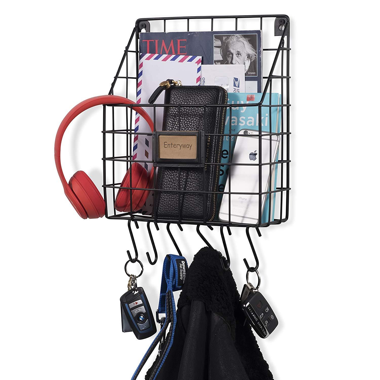 Wall35 Multipurpose Mail Organizer Wire Basket Wall Mounted with S Hooks Magazine Holder Coat Rack Foyer Storage with Key Hooks for Kitchen Entryway and Garage Black